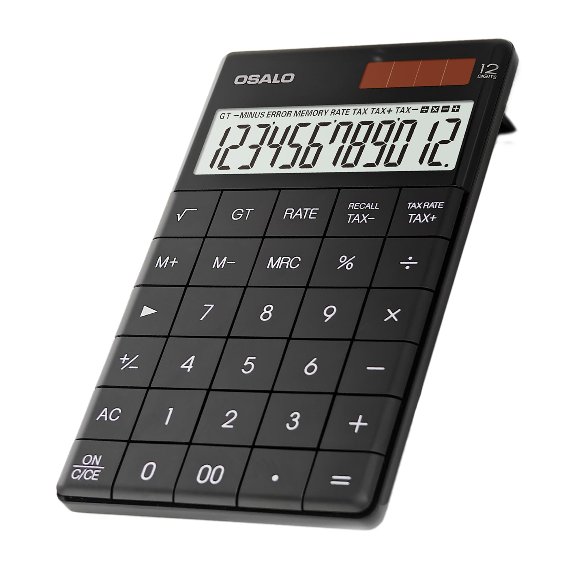 OSALO Desktop Calculator, 12 Digit Large Buttons with VAT Tax Function, Solar & Battery Powered Modern Slim Office Calculators, Black (OS-A1T)