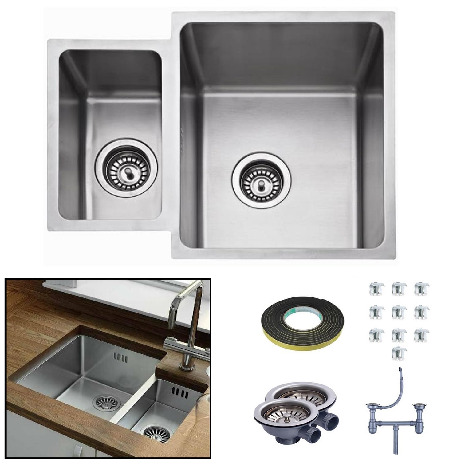 ARA CHOICE Stainless Steel Kitchen Undermount Sink 1.5 Square Compact Catering Super Deep Bowl Modern Reversible with Drainer & Inset Plumbing Wastes Set