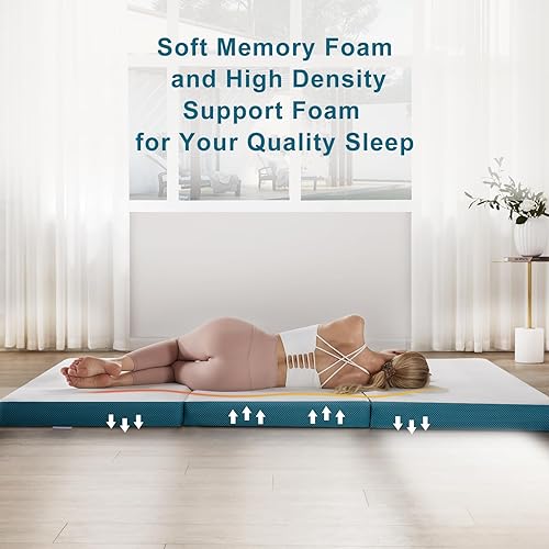 Miniatura 12 de SINWEEK Colchón plegable de espuma viscoelástica, cubrecolchón plegable de 4 pulgadas, cama de invitados certificada CertiPUR-US con funda de