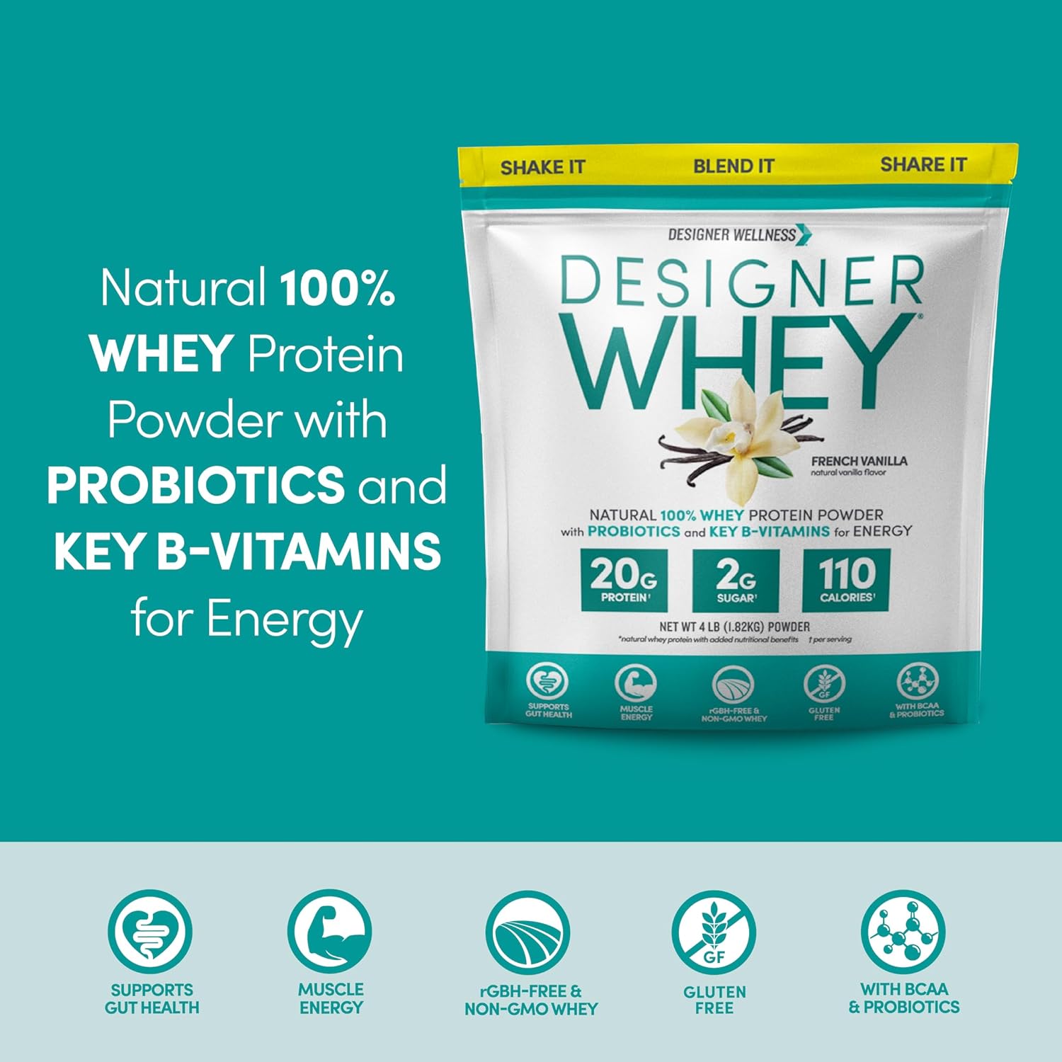 Designer Wellness, Designer Whey, Natural When Protein Powder with Probiotics, Fiber, and Key B-Vitamins for Energy, Gluten-Free, French Vanilla, 4 lb image 3