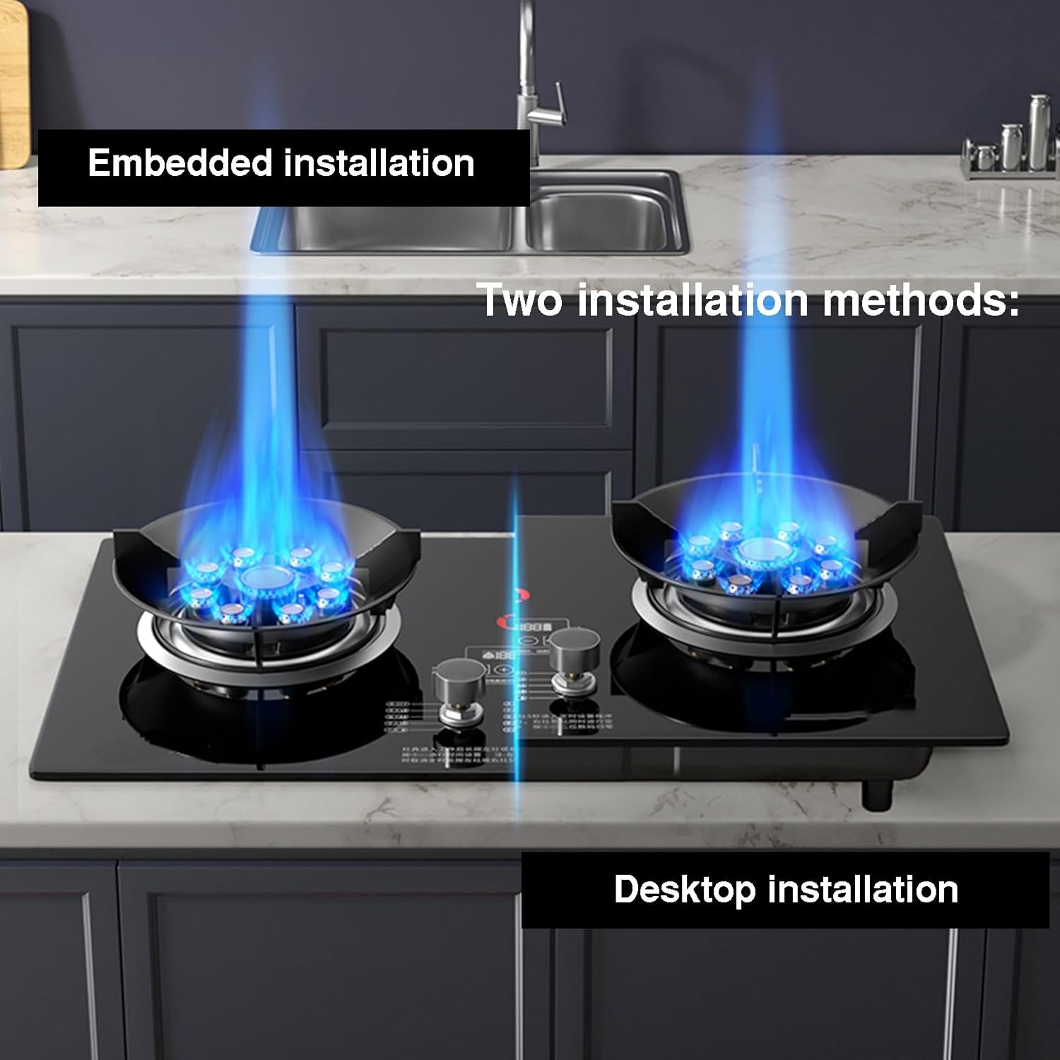 Portable Double Burner Gas Stove,5.2KW 9-cavity Countertop,LPG/Natural High-Power Cooktop,180-minute Independent Timer and Flame Failure Protection(NG)