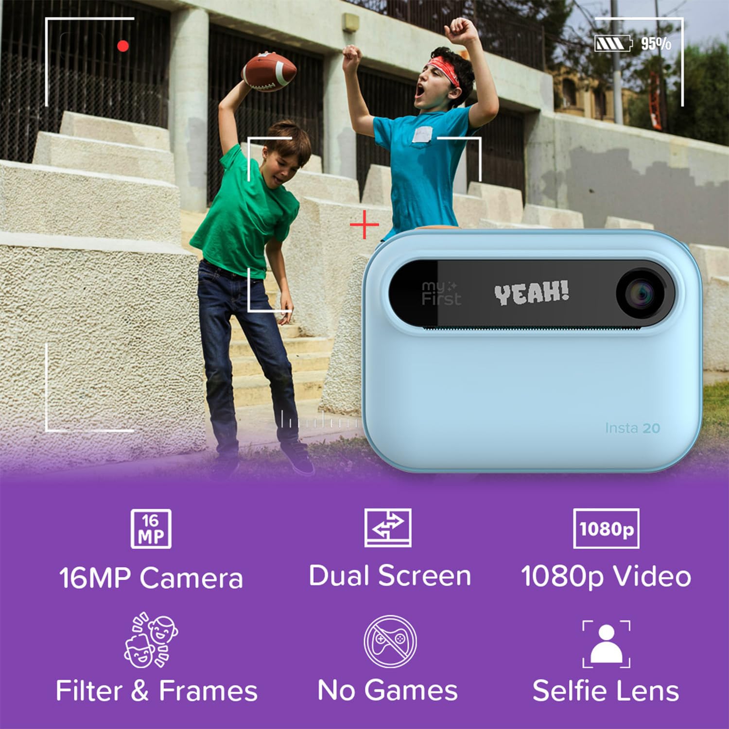 myFirst Camera Insta 20, Fotocamera Digitale a Stampa Istantanea per Bambini con Foto da 16MP, 1080p, Obiettivo Selfie, Stampa Illimitata, Scheda di Memoria fino a 32 GB Non Inclusa, Blu