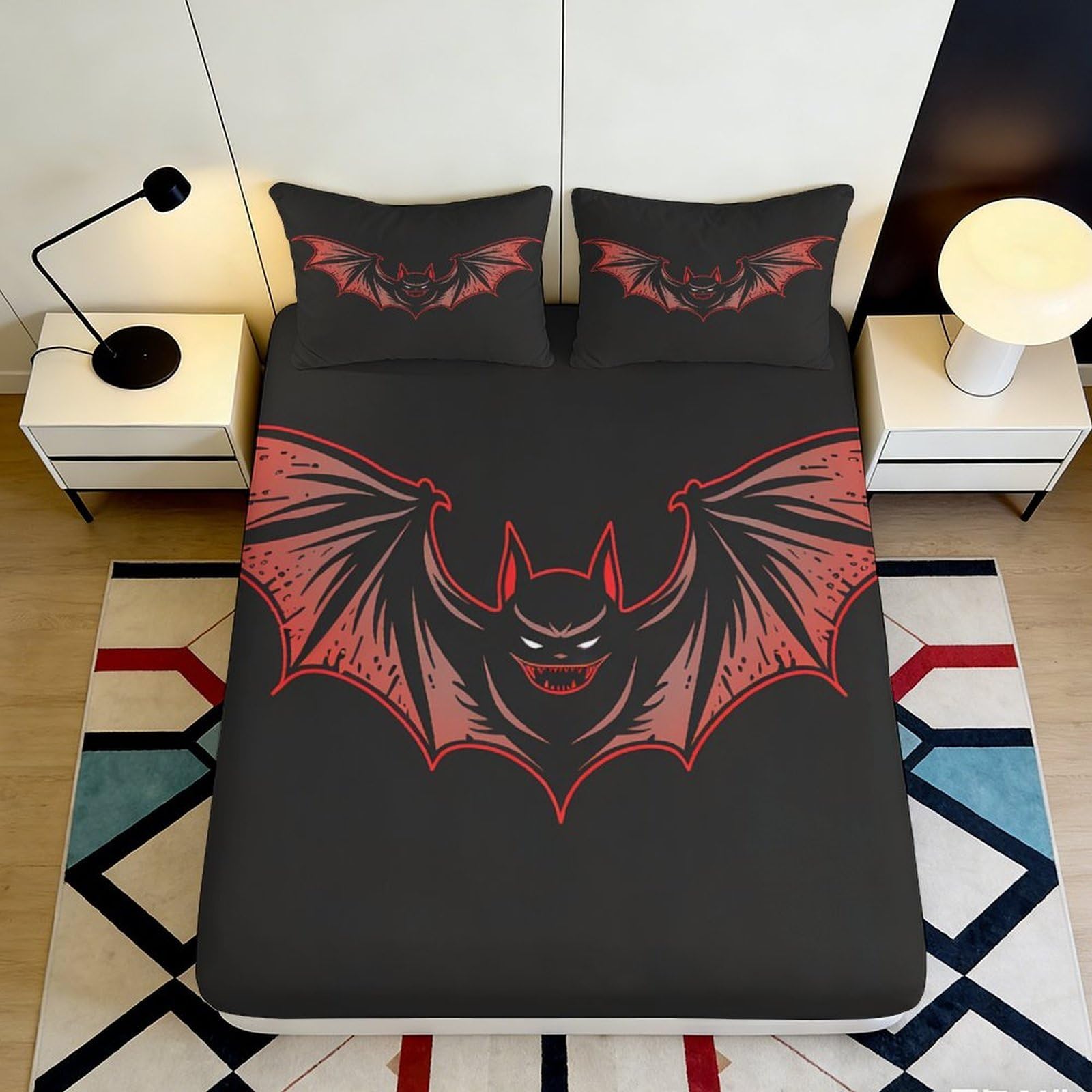 3D Printed Gothic Bat Fitted Sheet Microfiber Black Red Horror Demon Mattress Cover for Bedroom Dorm Decor Protection 90x200x25cm