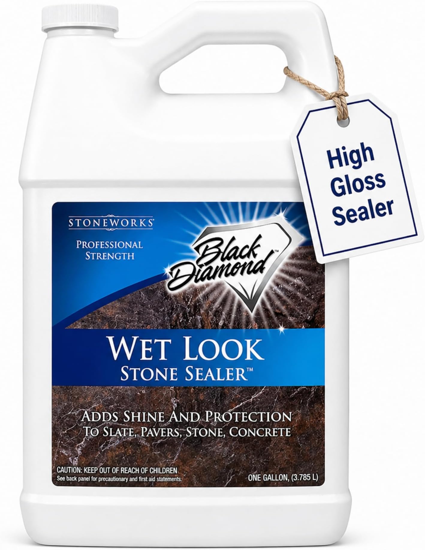 Wet Look Natural Stone Sealer. Durable, Long-Lasting Gloss Protection. Interior and Exterior Pavers, Slate, Sandstone, Travertine, Flagstone, Driveways, Garage Floors, etc. Black Diamond Stoneworks.