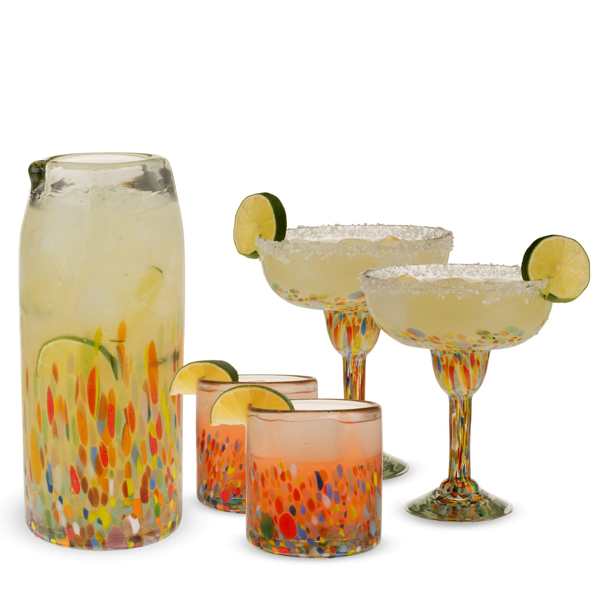 Segunda Vida Artistico Elegant Cocktail Tumblers Margarita Glasses and Pitcher Set Handcrafted Mexican Glassware Recycled Drinkware for Home
