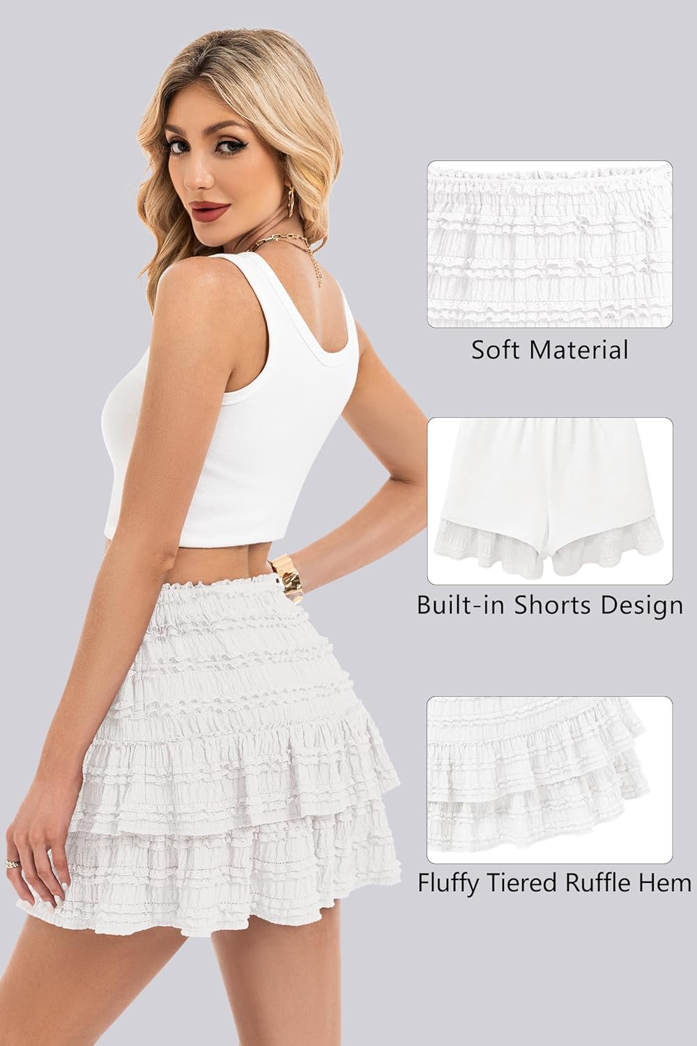 IVIR Flowy Shorts for Women Boho Ruffle Mini Skirt Casual High Waist Tiered Skorts Golf Tennis Shorts - Image 4