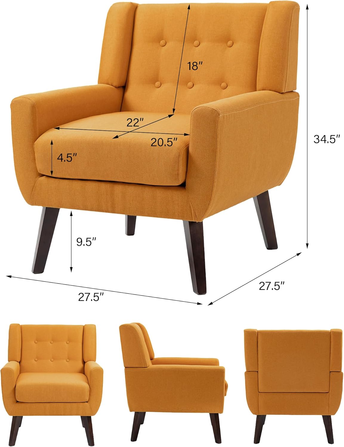 Accent Chair, Mid-Century Modern Fabric Chairs with Arms for Living Room, Comfy Upholstered Club Single Sofa Armchair for Bedroom Waiting Room with Solid Wood Frame