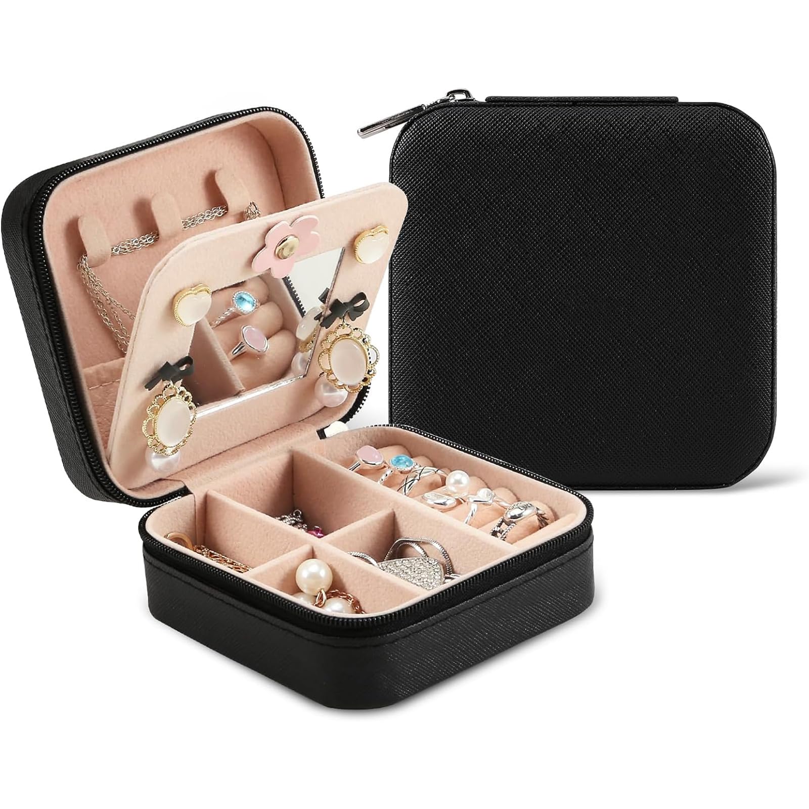 – Tazweeq Travel Velvet Jewelry Box with Mirror, Small Jewelry Box, Portable Mini Jewelry Case for Earring, Ring, Necklace, Bracelet（Black）