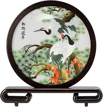 Hand Embroidery Art, Round Screen for Desk Top, Double-Sided Embroidery Pattern Silk with Solid Wood Frame for Home and Office DecorCrane