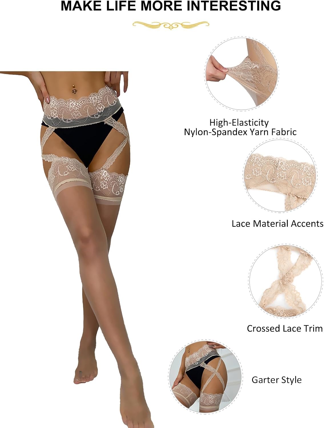 ohyeah Women's Lace Suspender Tights XS-5XL High Elastic Sheer Stockings with Attached Garter Belt Sexy Tights