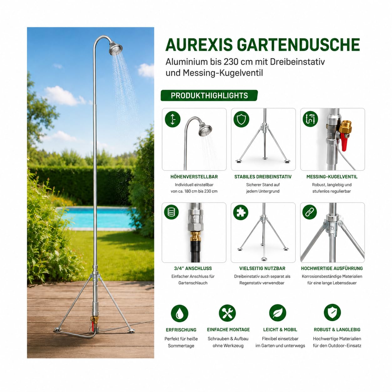 Mobile Gartendusche aus Aluminium und Messing, mit Dreibein-Teleskopstativ, höhenverstellbar 180–230 cm, 3/4-Anschluss