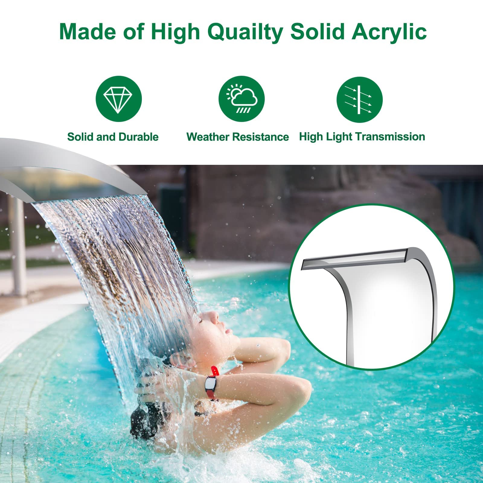 Longrun Teich Wasserfall-Brunnen, Acryl-Teich-Wasserfall-Klinge mit 7 Farben Bluetooth LED, komplettes Poolbrunnen-Wassersprüh-Set für oberirdische Schwimmbad, Teich, Garten, 30 x 51 x 33 cm