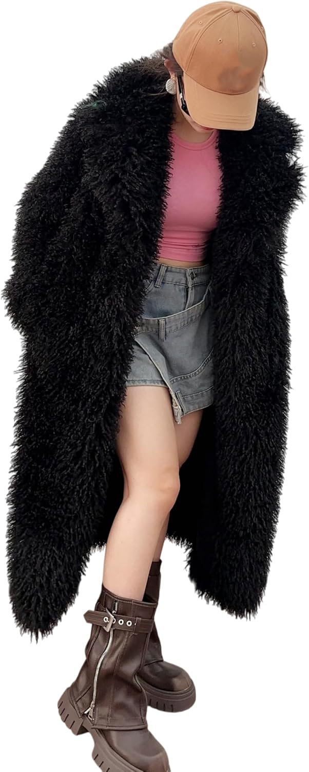 SWEETHEART BEAUTY Womens Long Faux Mongolian Fur Coats Fluffy Overcoat Shaggy Lapel Long Sleeve Fuzzy Warm Cardigan Jacket