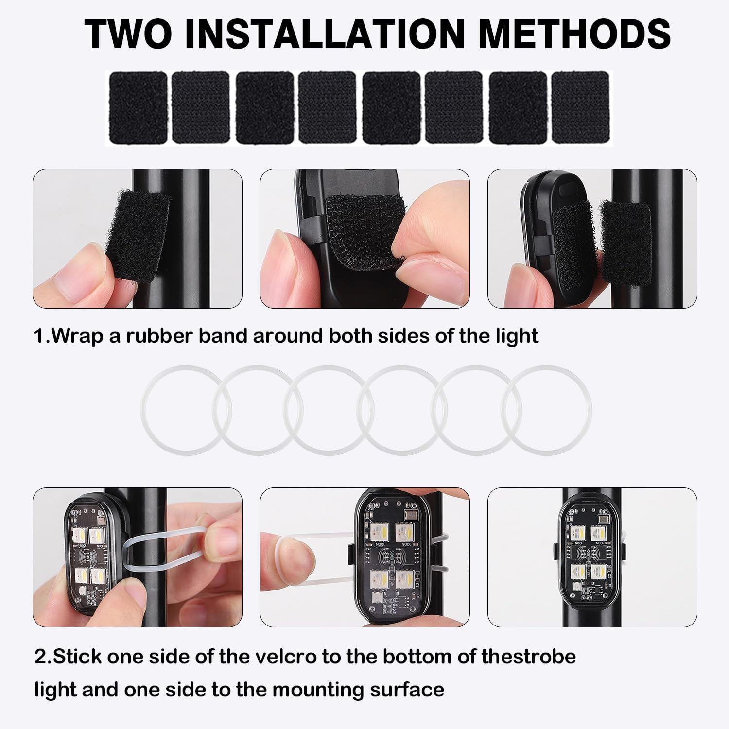 Two installation methods for Suacopzar strobe lights: rubber bands and hook-and-loop fasteners