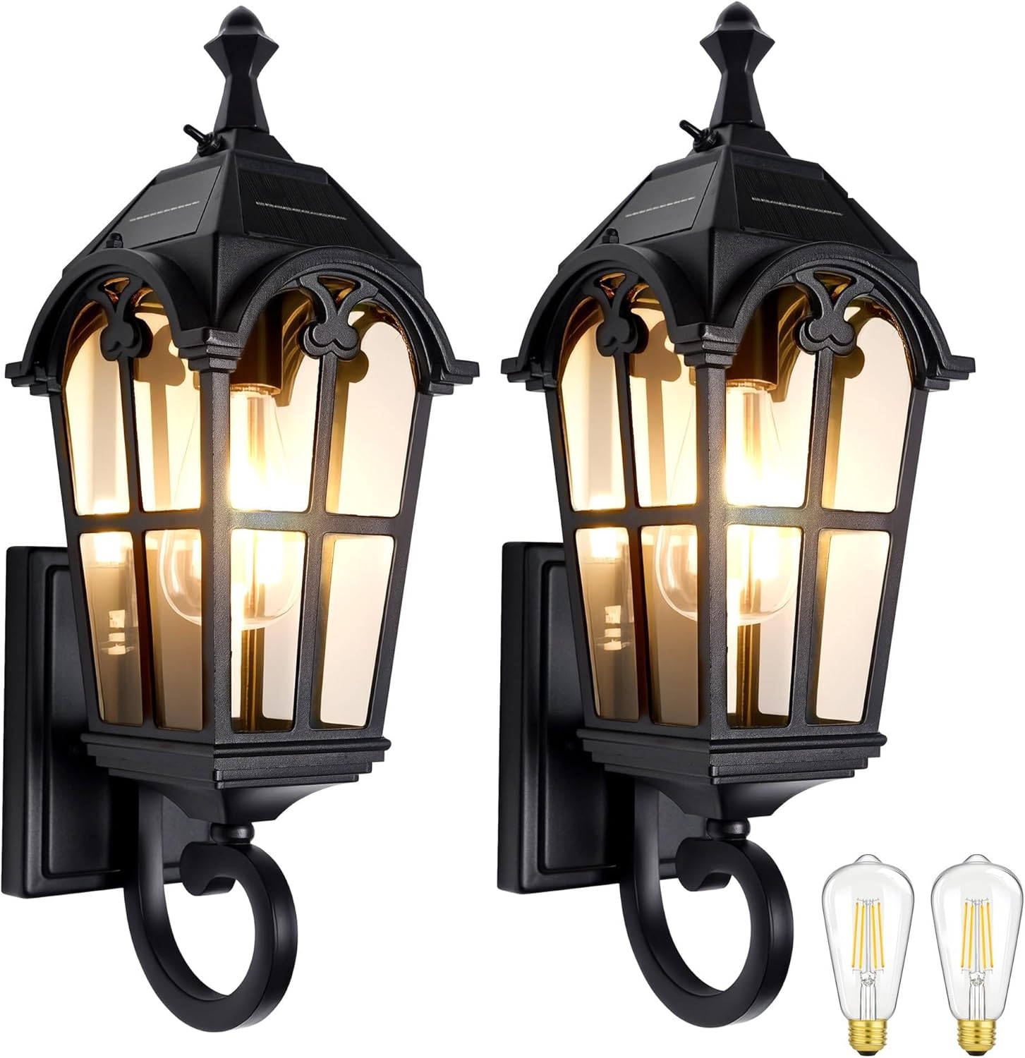 Outdoor Solar Wall Lights with Bulb Waterproof Solar Porch Lights Dusk to Dawn Exterior Light Anti-Rust Exterior Lighting Fixtures Outside Light for House Front Door - 2 Pack