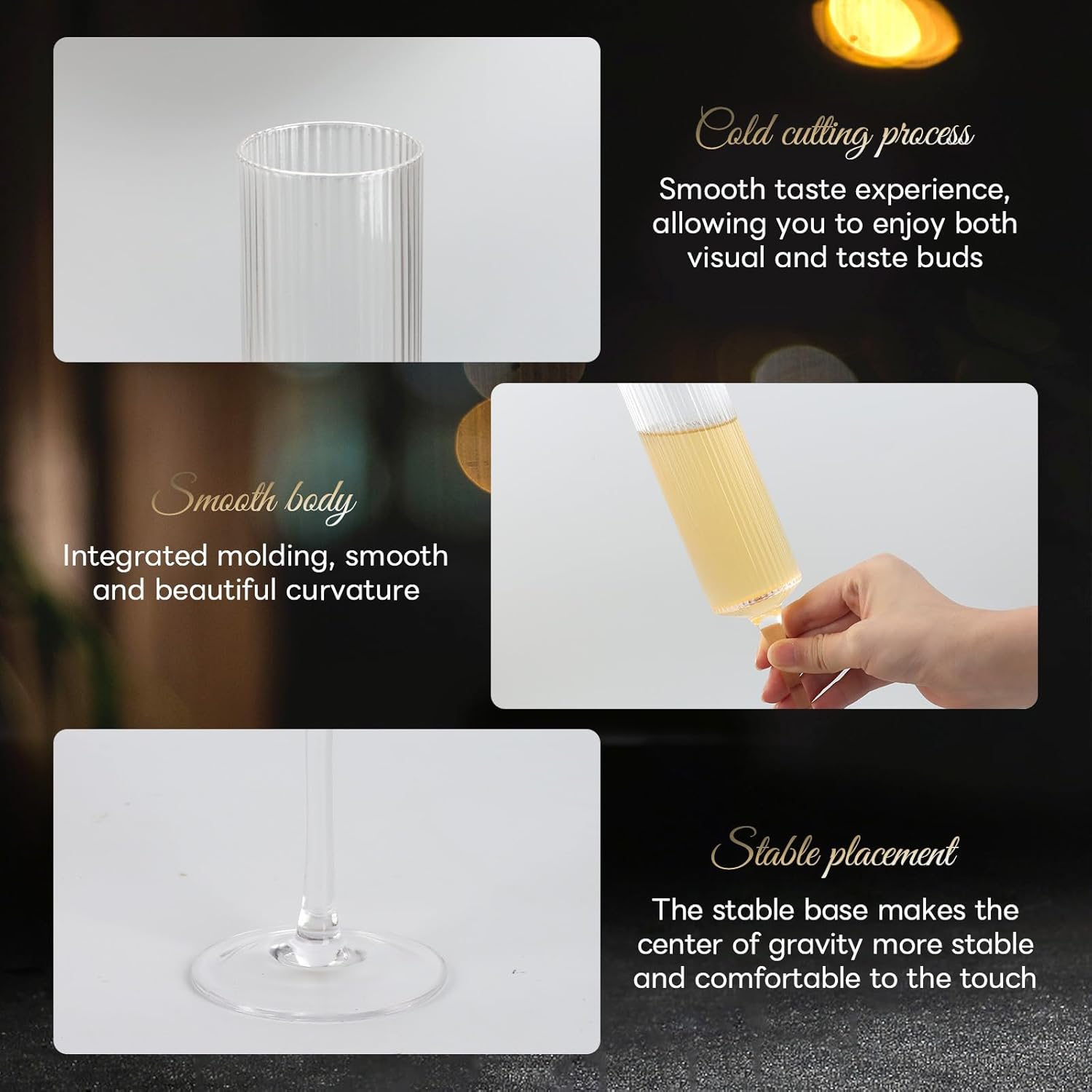 8 oz Ribbed Champagne Flutes, Elegant Crystal Champagne Glasses Set of 4 Unbreakable Stemless Glass Wine Cocktail Glasses for Weddings Anniversaries Parties Bar - Image 5