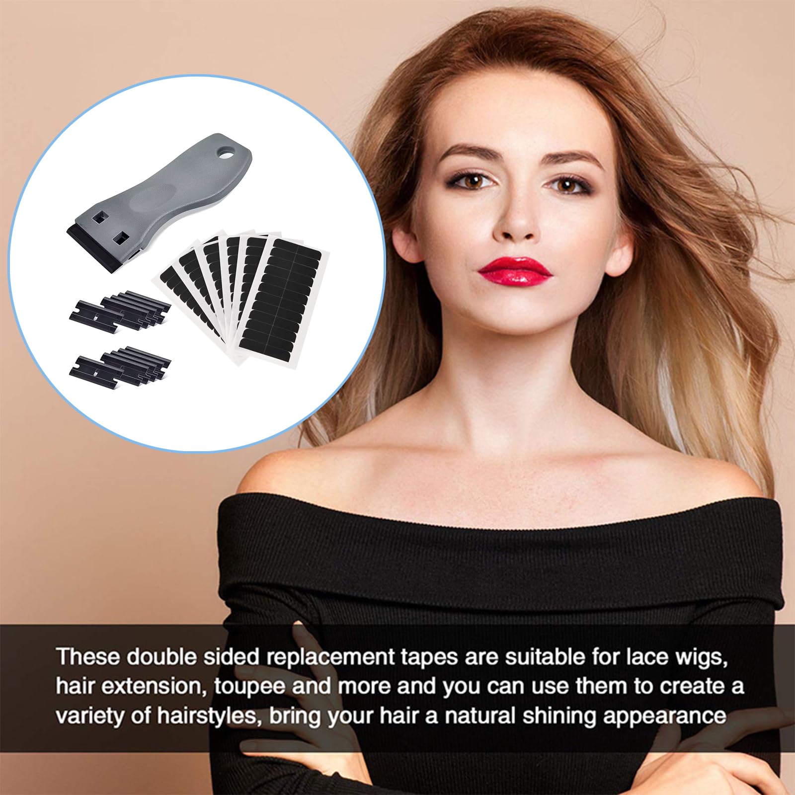 72 Piezas Cinta adhesiva para el cabello, traer Raspador de plástico y 10 cuchillas de reemplazo, Cinta para extensiones de cabello, Cinta de repuesto para extensiones y tramas de cabello