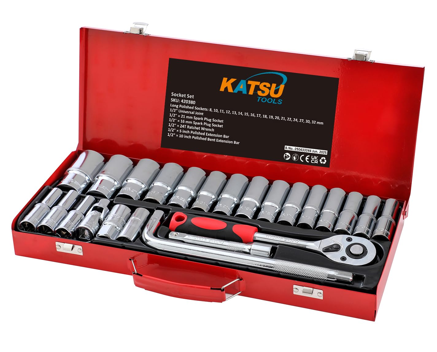 KATSU Tools Juego de Vasos Profundos de 1/2" 24 Piezas - CR-V, Métrico 8-32mm, Llave de Carraca de 24 Dientes, Herramienta de Mecánica para Bricolaje y Reparación de Coches