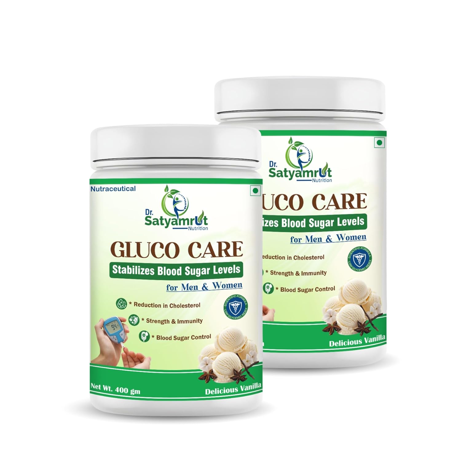DR SATYAMRUT NUTRITION Gluco Care & Diabetic Care – Powder with High Fiber, Protein & Nutrients, Vitamins & Minerals for Helps Manage Blood Sugar Levels (Vanilla Flavour – 400 gm)-pack of 2