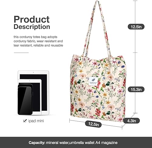 Vista 253 de Tote - Bolsa de hombro reutilizable de pana de gran capacidad con bolsillos interiores para mujeres y niñas Rayas