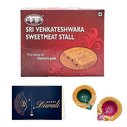 Delight Foods Diwali Spl. Original Balepete Pure Ghee Mysore Pak 250g + 2 Diyas + Greeting Card | Authentic & Fresh | Indian Sweets | Gift Pack