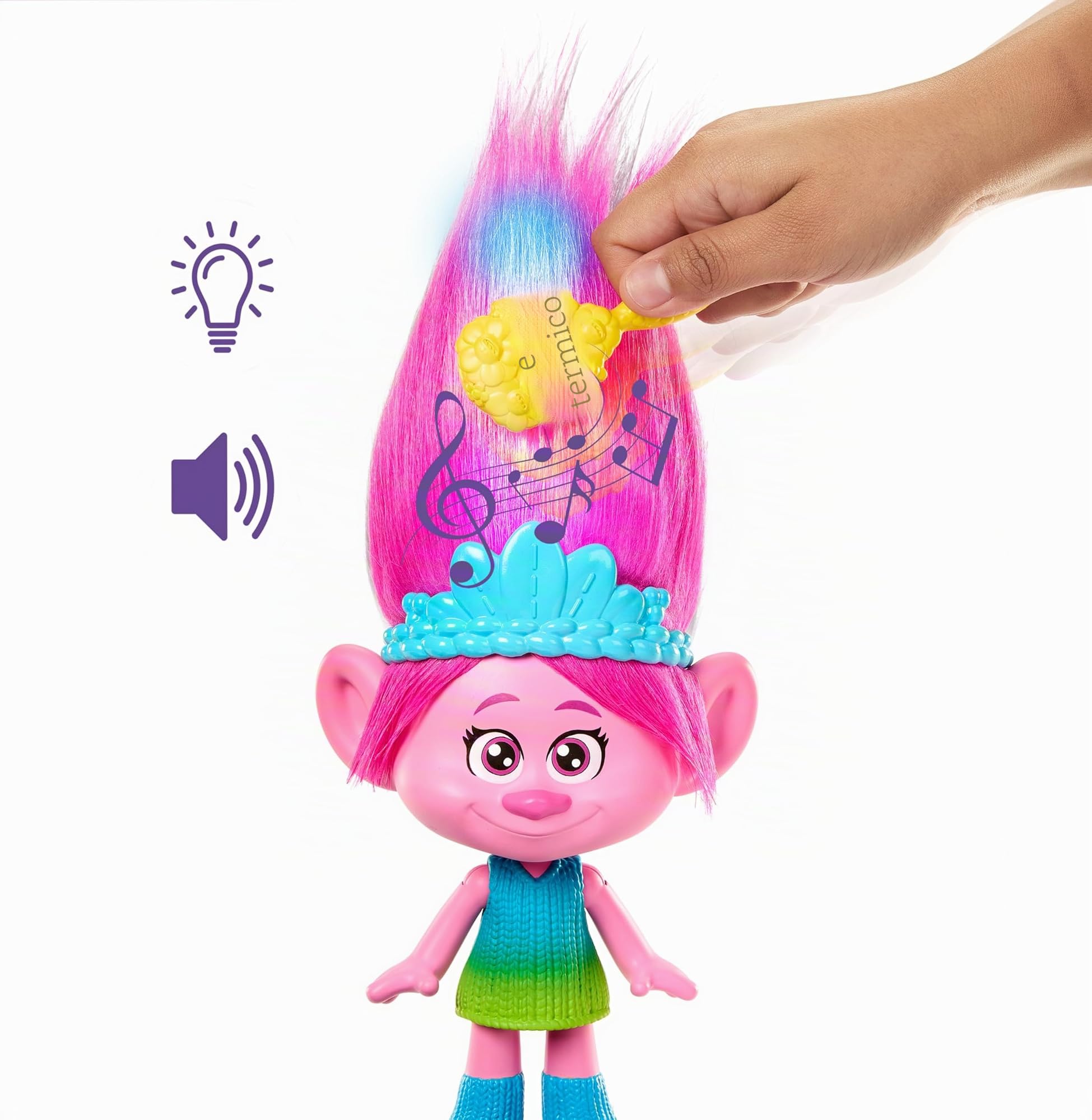 Mattel Trolls 3 - Tutti Insieme - Regina Poppy Capelli Arcobaleno Musicale, bambola con musica, luci e suoni, pettine incuso, look ispirato al film, giocattolo per bambini, 3+ anni, HNF20