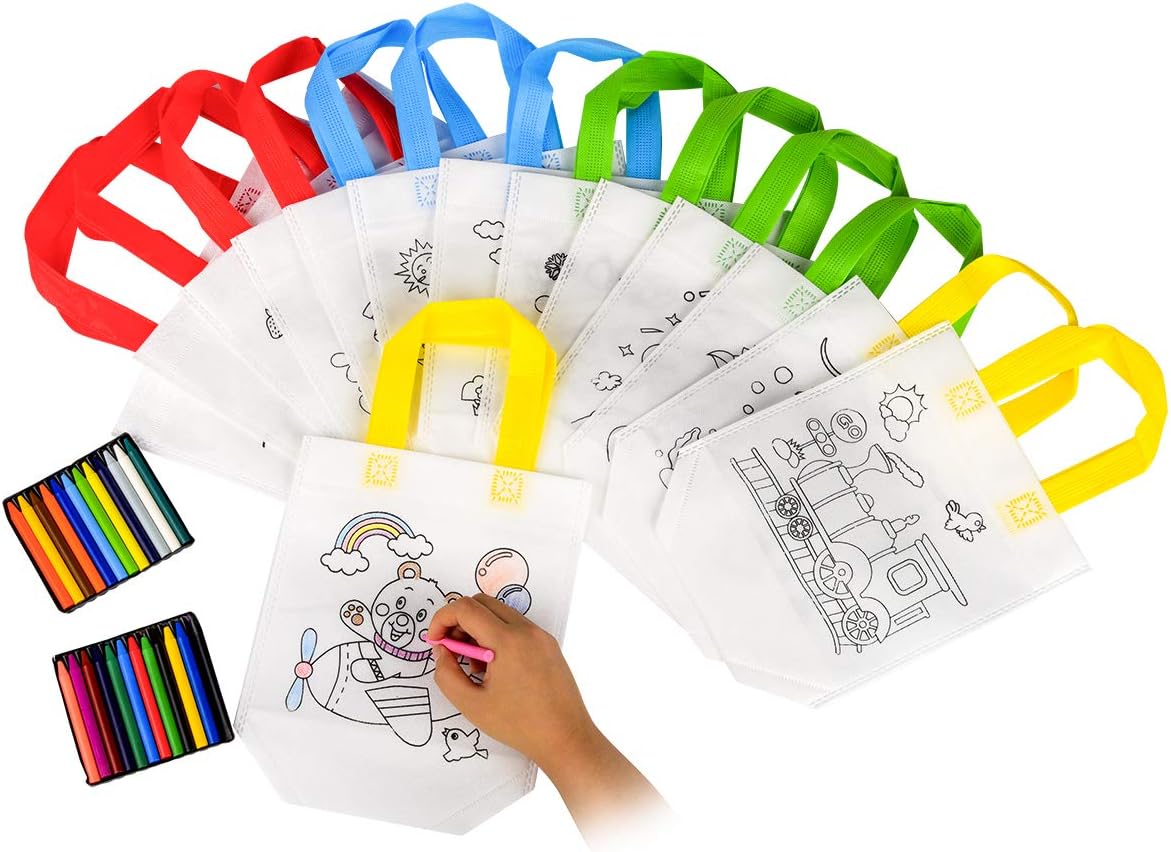 JRing Non-Woven Grocery Bags, 14 Pcs Party Bags for Kids Non-Woven Party Bags Non-Woven Gift Bags Kids DIY with 24 Pcs Crayon for Arts Crafts Color Filling Party Favor