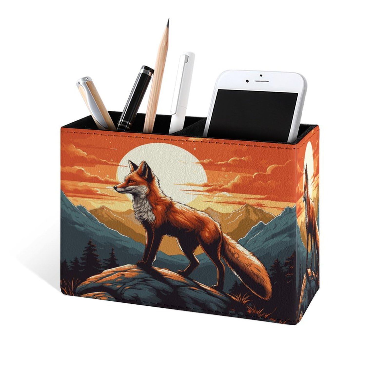 Famame Mountains Red Fox Sunset - Portalápices para escritorio, contenedor de escritorio de cuero, almacenamiento de bolígrafos, mesa de estudio, organizador de brochas de maquillaje, para aula,