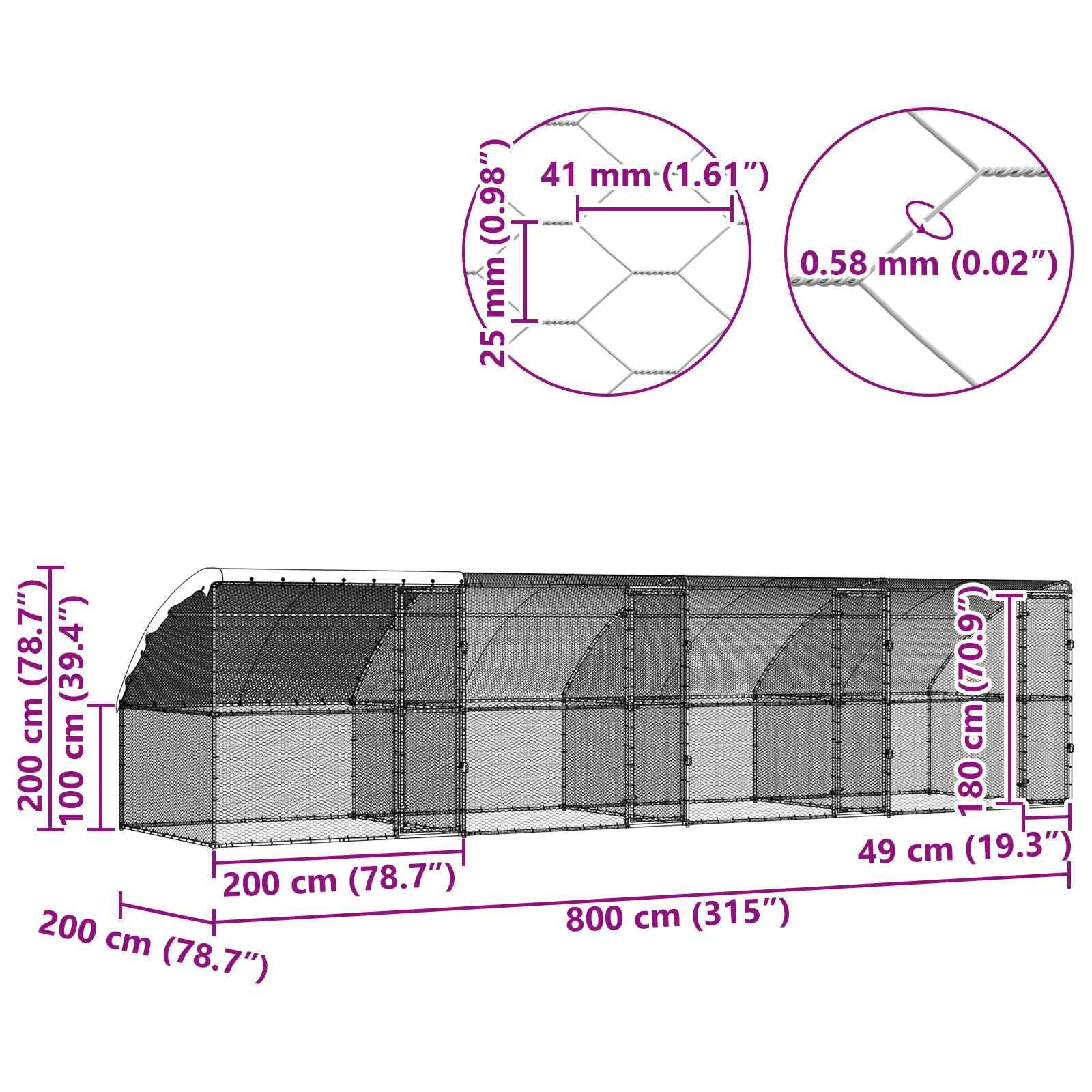 Klatka dla kurcząt ze stali i PE w kolorze srebrnym, 4-częściowy wybieg dla małych zwierząt 800 x 200 x 200 cm, odporny na warunki atmosferyczne domek dla gryzoni z siatką ochronną i dachem