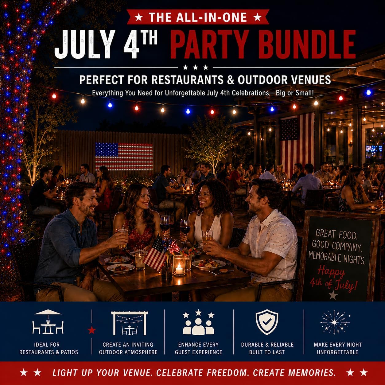 Novelty Lights LED Red White and Blue Lights All-in-One Bundle – 4th of July Lights America 250th Anniversary with USA Flag Net Light, G40 Patio Set on White Wire, 50FT Green Wire USA Mini String