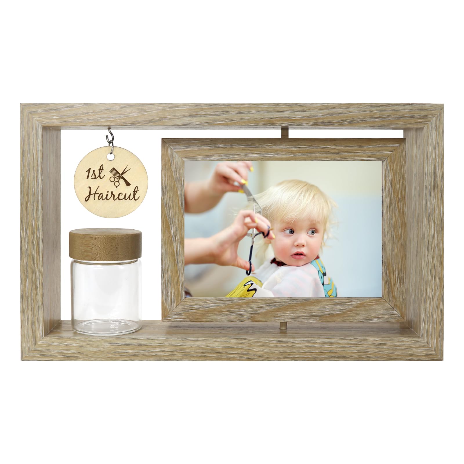 Custom My First Haircut Keepsake Frame - Rotatable Display of Before and After Haircut Photos with Glass Keepsake Jar for Baby Hair,Newborn Memory Gift for Boy or Girl,Holds Two 4x6 Pictures (wood2)