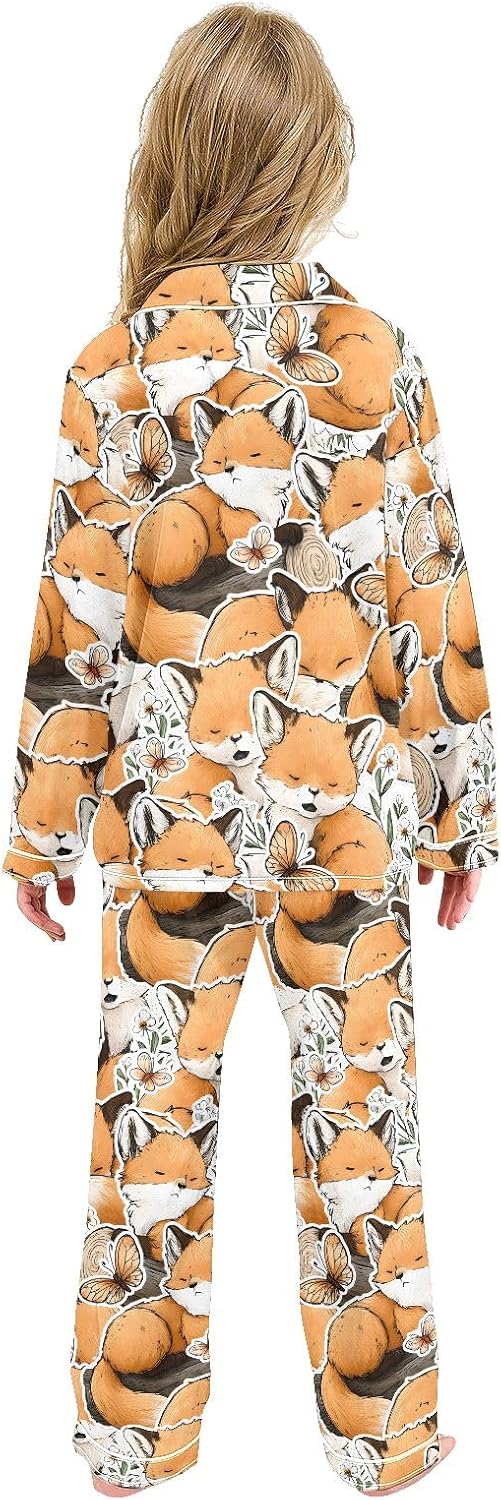 Kids Casual Satin Wear Set Little Fox Butterfly Pattern Unisex Relaxed Fit Clothing