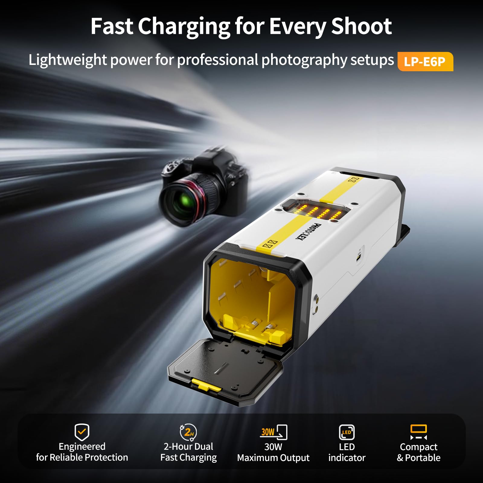 PHOTOOLEX LP-E6P Akkuladegerät für Canon, BB 4 4-Slot ladegerät mit 60W USB-C-Schnellladeanschluss, kompatibel mit Canon EOS R5 Mark II, R6 Mark II, R5, R6, R7, 5D Mark II, 5D Mark IV, 60D und 70D