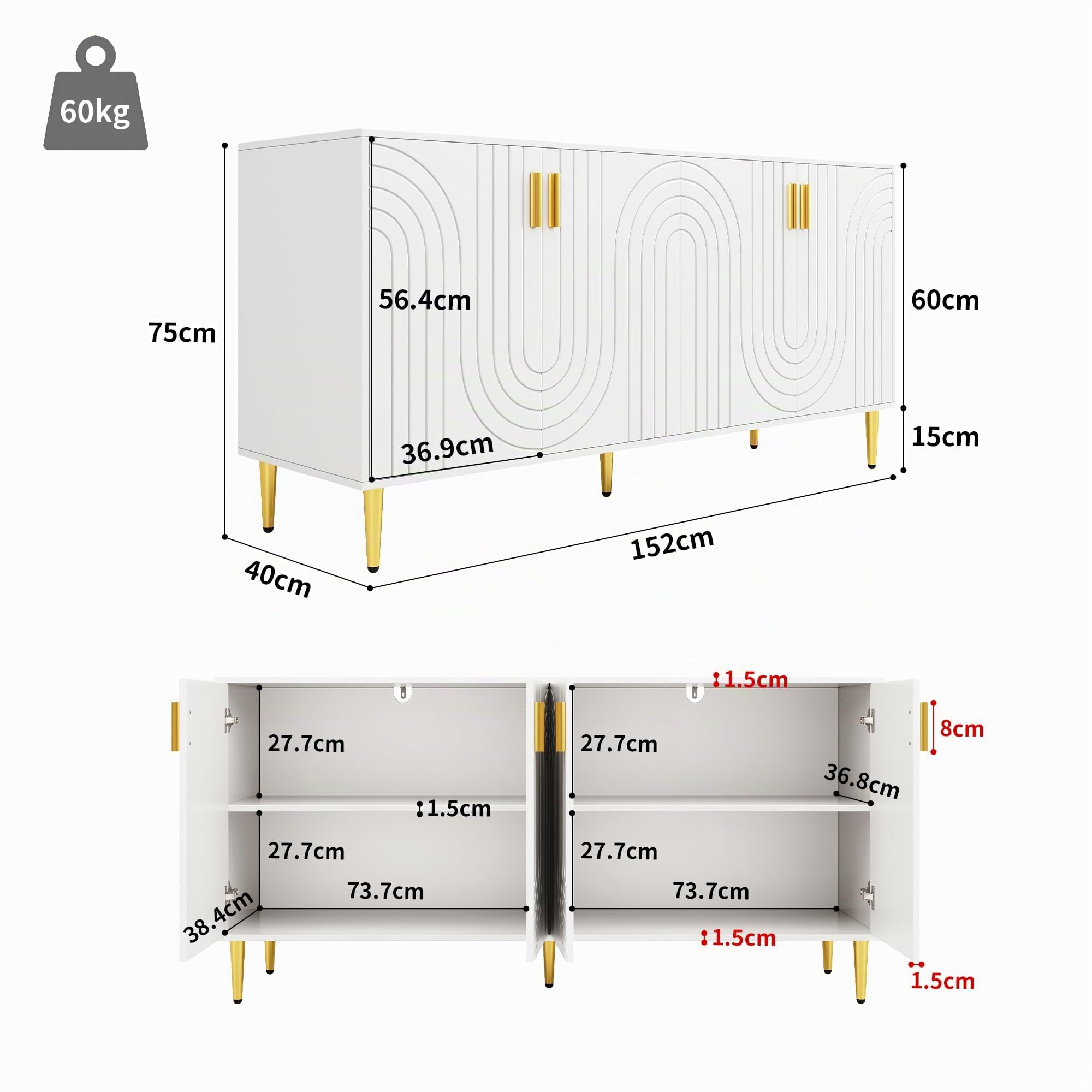 Credenza con design unico a onde e manici e piedi dorati che crea una sala da pranzo elegante 152 x 40 x 75 cm
