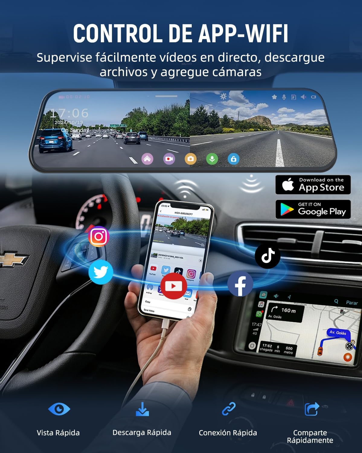 VISAUTO M10 Dash Cam Mirror touchscreen interface showing live view and app connectivity.