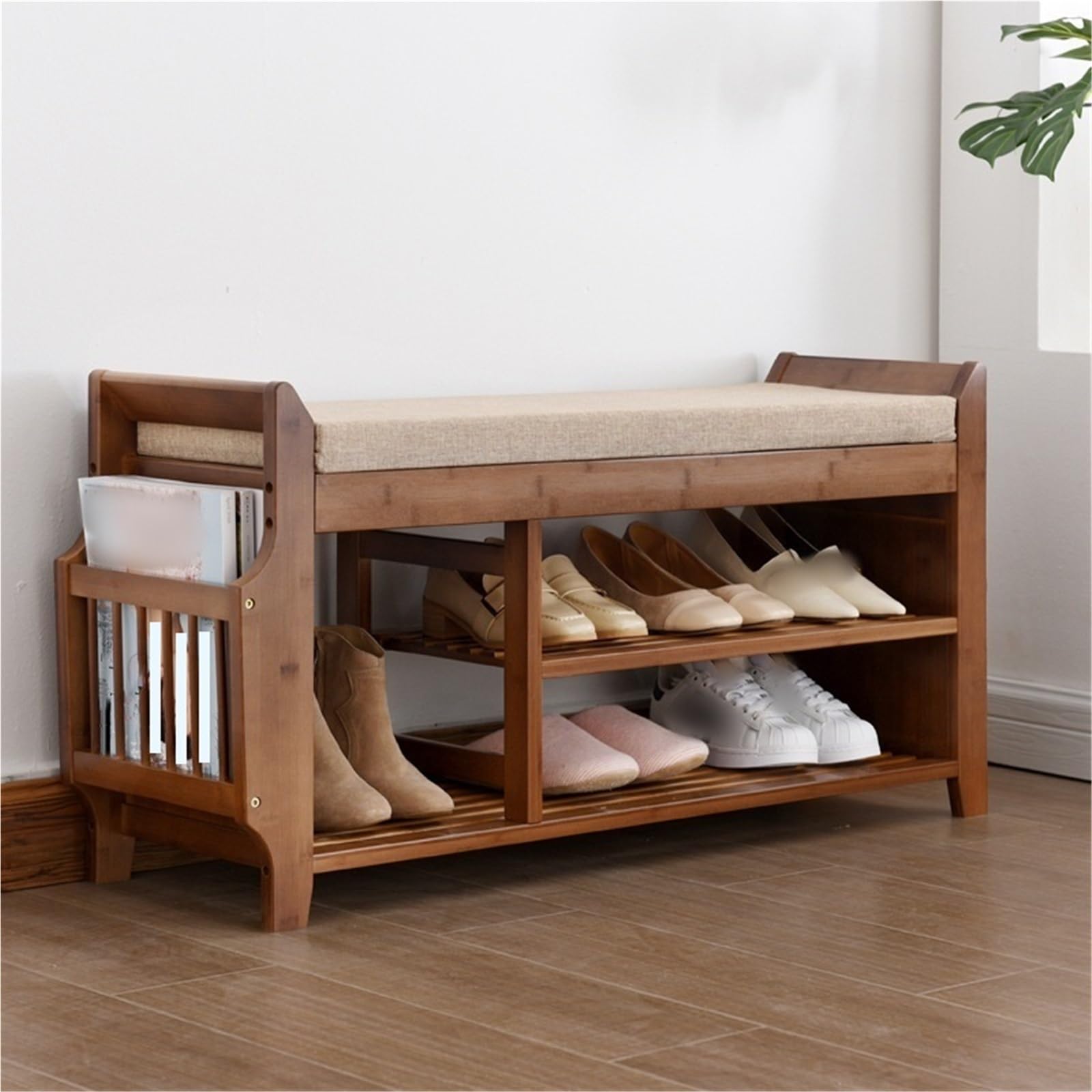 IvyLoutish Bamboo Shoe Storage Bench with Soft Cushions and Storage Compartment Entryway Shoe Rack Portable Storage Shelf for Hallway Living Room Bedroom,Ideal for Home