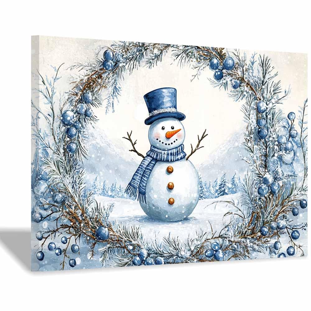 QUSAAOU Art Wall Decor Schneemann mit blauem Kranzrahmen Wanddeko Bild Schlafzimmer KüChe Deko Wandbilder Dekoration Wohnzimmer Wall Decor Canvas Wand Kunstdruck(Blau)-70x100cm Ungerahmt