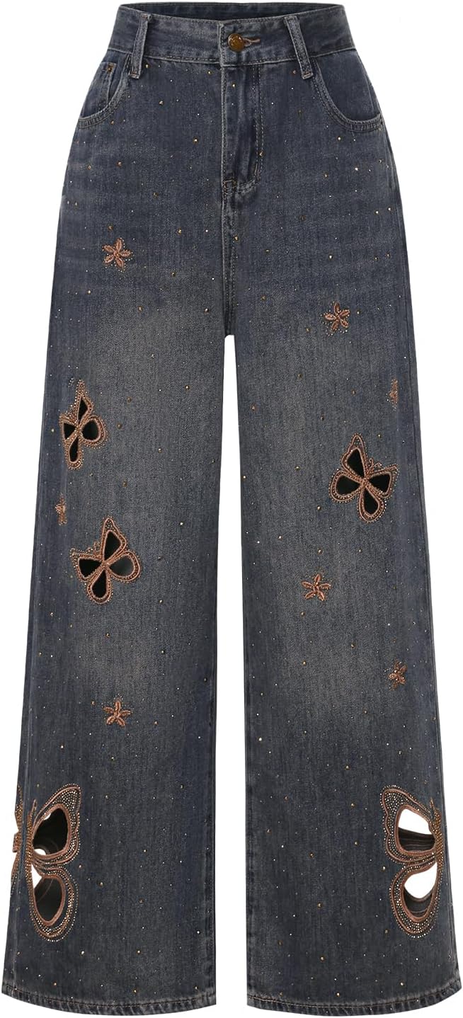 Womens Jeans Embroidered Denim Pants Elastic Wasit Wide Leg Baggy Pants