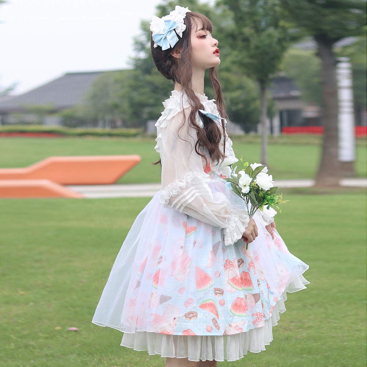 今月中❁︎ぴんく様❁︎ フリルシフォン伊達襟 【ベロアリボンなし】 Amazon | コスプレロリータ 上質白シフォンブラウス レディースシャツ