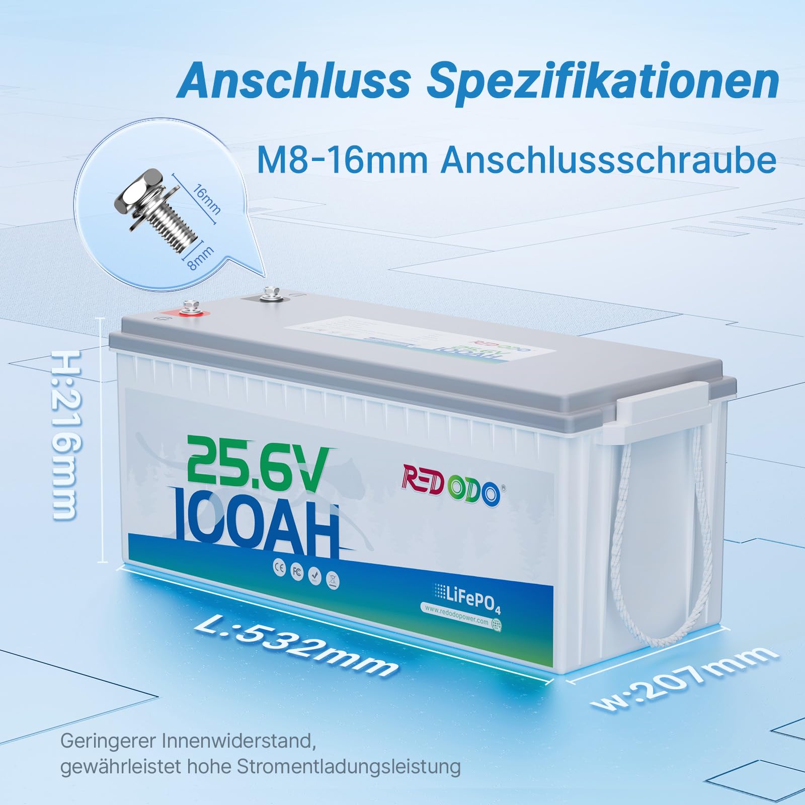 Redodo LiFePO4 akumulator litowy 25,6 V 100 Ah z BMS 100 A, maks. moc 2560 Wh, 4000+ cykli ładowania, idealny do samochodów kempingowych, instalacji solarnych i silnika trollingowego, Off Grid, Home