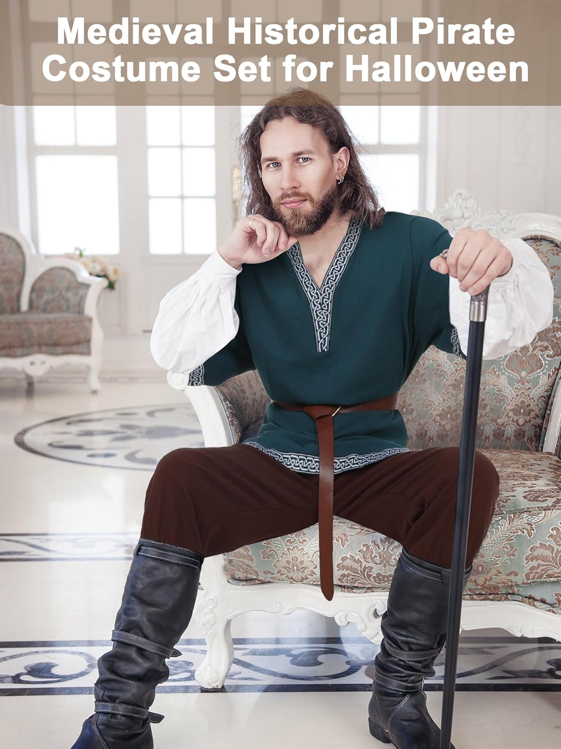 Toulite 3 Pcs Men's Halloween Medieval Costume Set Renaissance Tunic Viking Pirate Warrior Shirts Gothic Pants Knight Belt - Image 3