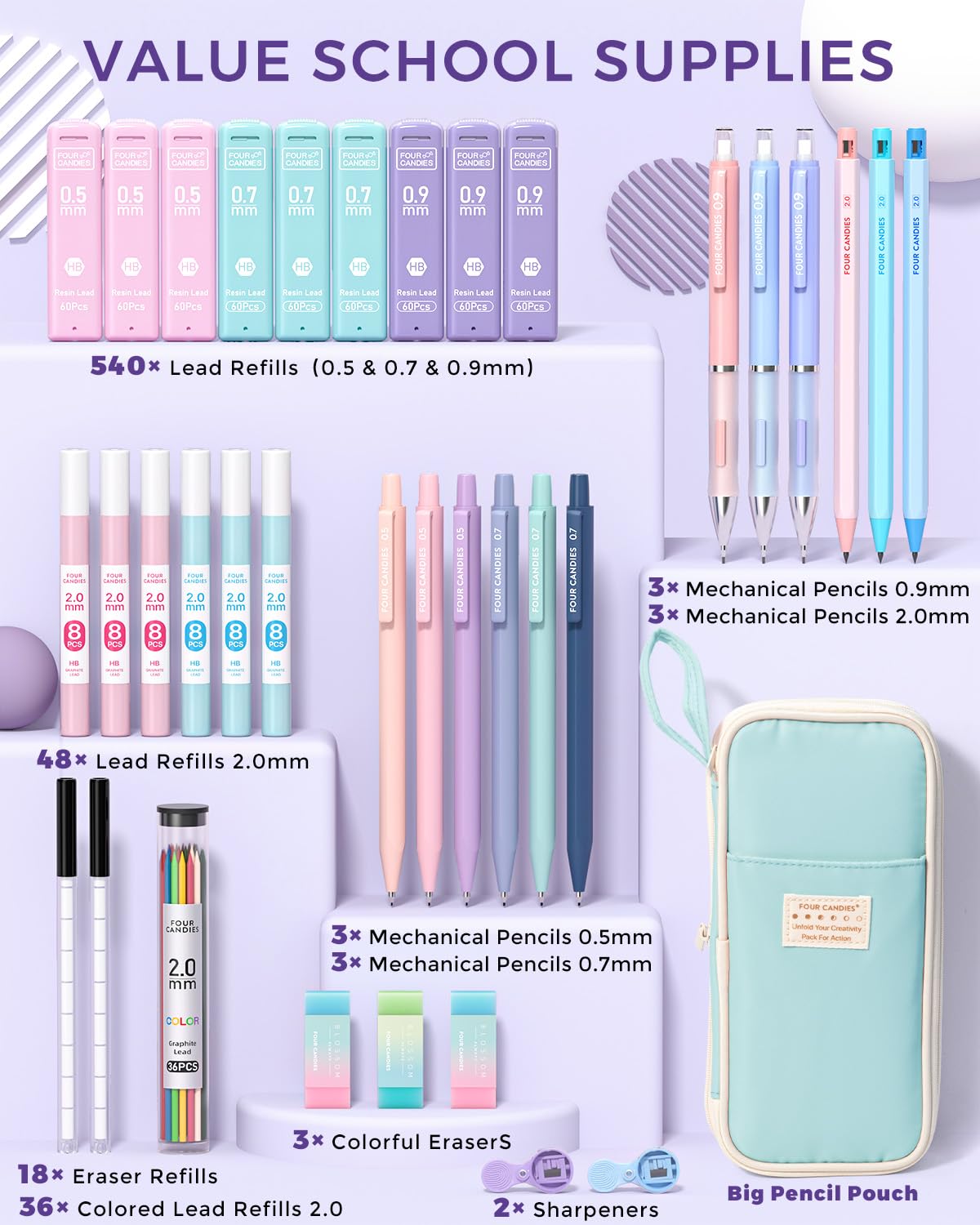 Four Candies 36PCS Aesthetic School Supplies, Mechanical Pencils 0.5mm, 0.7mm, 0.9mm & 2.0mm with 624PCS Lead Refills, Cute Mechanical Pencils for Writing, Drawing & Drafting (): Blue
