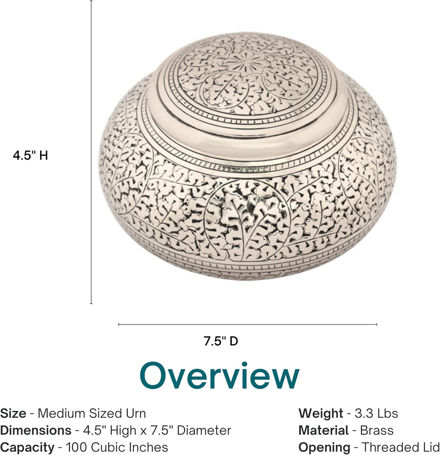 Leaves of Silver Round Cremation Urn for Ashes - Medium, Brass, Silver Urn, Medium Sized Cremation Urn, 4.5 Inches High