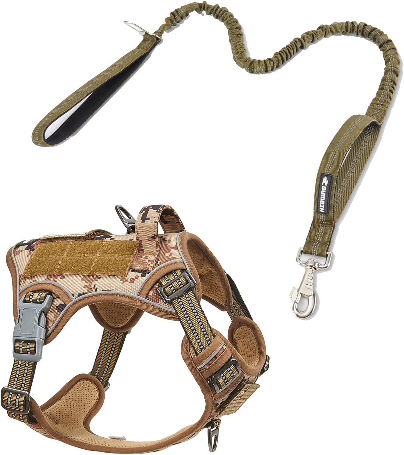 BUMBIN Dog Harness for Large Dogs No Pull, Tactical Dog Harness, with Handle, Adjustable Dog Vest Harness, 6Ft Bungee Dog Leash Large Dogs, No Pull Shock Absorbing Dog Leash with Car Seat Belt