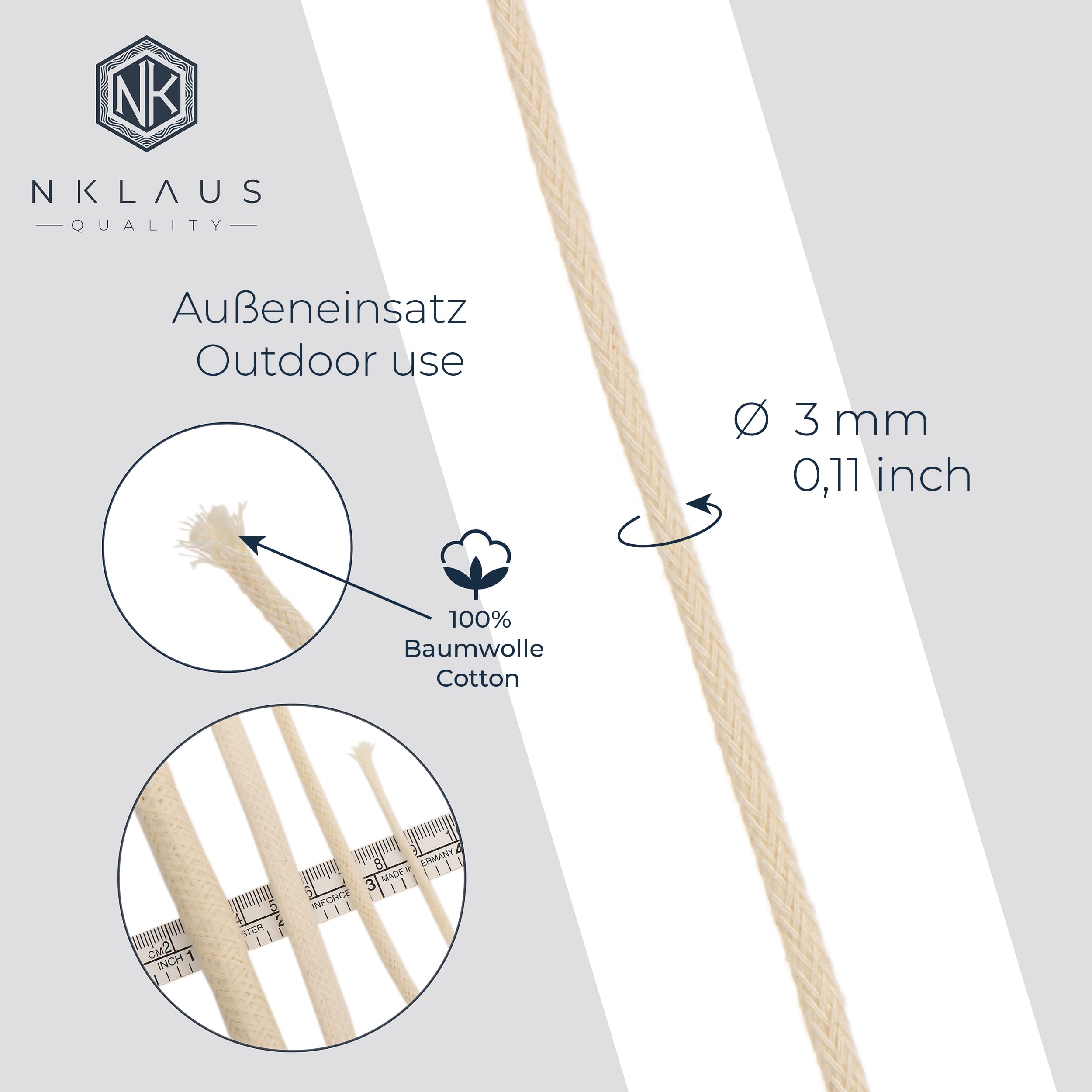 NKlaus Mèche Torche Jardin 3m – Coton 10 Mm, Mèche Ronde Rechange Pour Torche Bambou/Lampe, Compatible Feuerhand & Cosmos, Combustion Lente & Propre