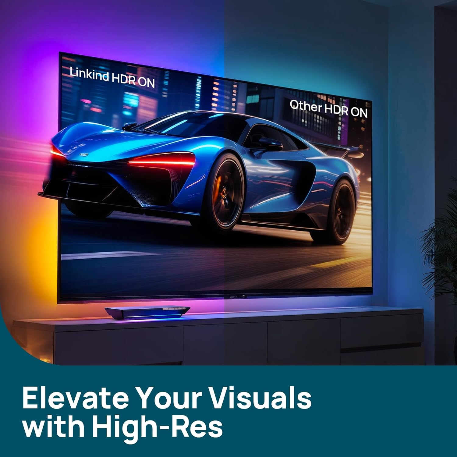 Linkind TV Backlight, HDMI 2.1 Sync Box with AI LumiSync Technology, Supports 8K@60Hz, Cuttable LED Backlights Sync to Screen for 27-90 inch TVs