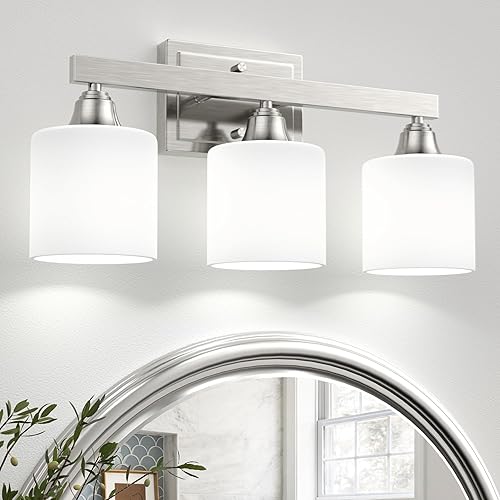 VOLISUN Lámparas de baño de níquel cepillado, luces de tocador de baño de 3 luces sobre el espejo, lámpara de tocador moderna para baños, accesorios