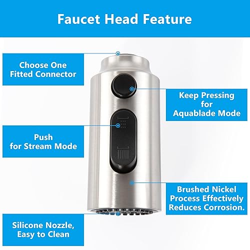 Miniatura 4 de DOLGABA Cabezal de rociador de repuesto para grifo de cocina, 3 modos, cabezal rociador extraíble con 9 adaptadores, níquel cepillado