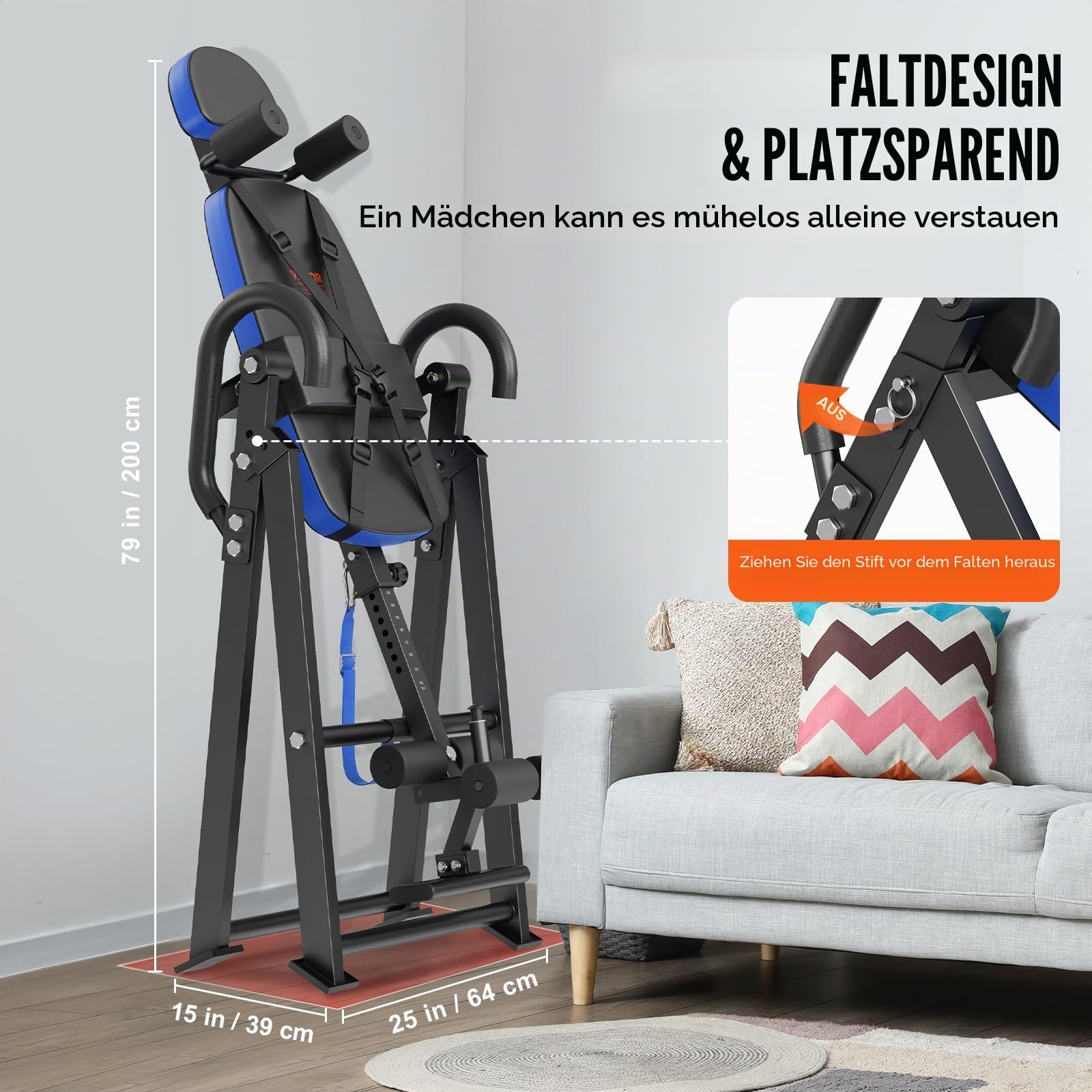 VEVOR Inversionstisch Inversionsbank, 136 kg belastbar, Multifunktionsgerät, Rückentrainer, klappbares Krafttrainingsgerät mit Kopfstütze, Knöchelverriegelung, verstellbarem Schutzgurt, Blau/Schwarz
