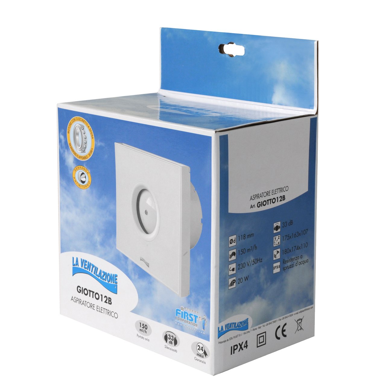 La Ventilazione GIOTTO12B Aspiratore Elicoidale Design Extra Piatto bianco, per Foro diametro 120 mm / 5"